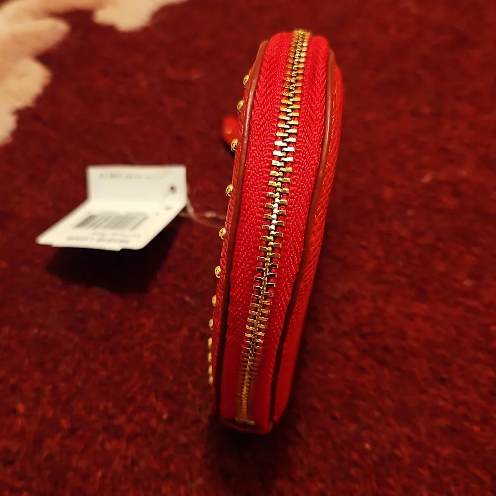 Coach Edge Studded Heart Coin Case Zip Close Crossgrain Leather Red Goldtone NWT - Picture 7 of 15
